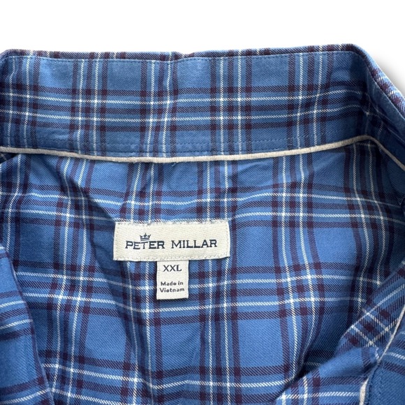Peter Millar Cotton Plaid Dress Shirt XXL Blue Classic Fit Button Front - Picture 3 of 9